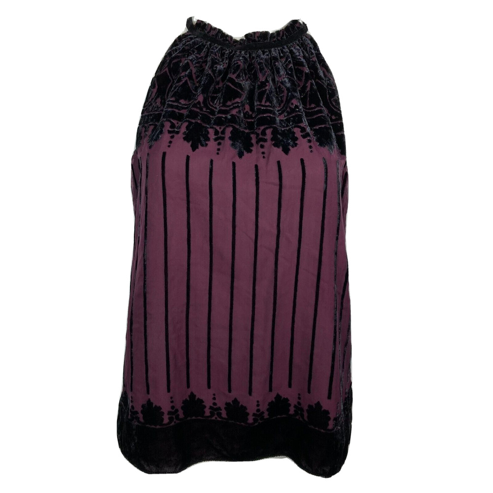 Max Studio Shirt Womens XS Purple Black Velvet Floral Sleeveless Halter Pleated